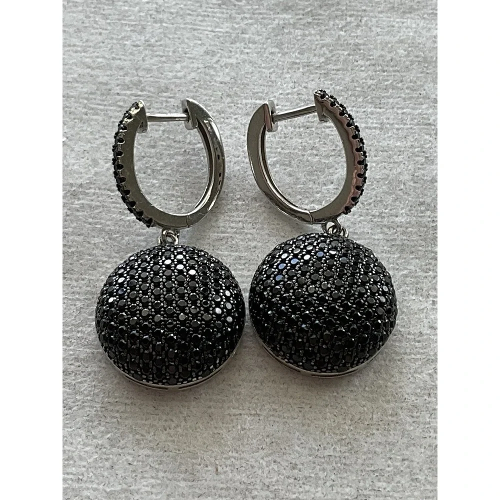 925 Sterling Silver Pave-set black spinel ball design Drop Earrings - Picture 9 of 9